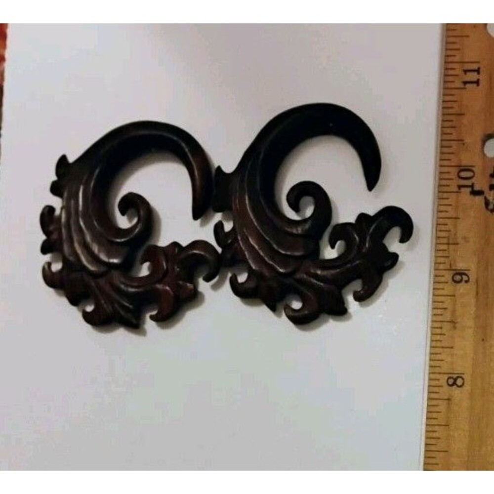 Carved Wood Baroque Scroll Ear Hangers Tapers Gauges Pair